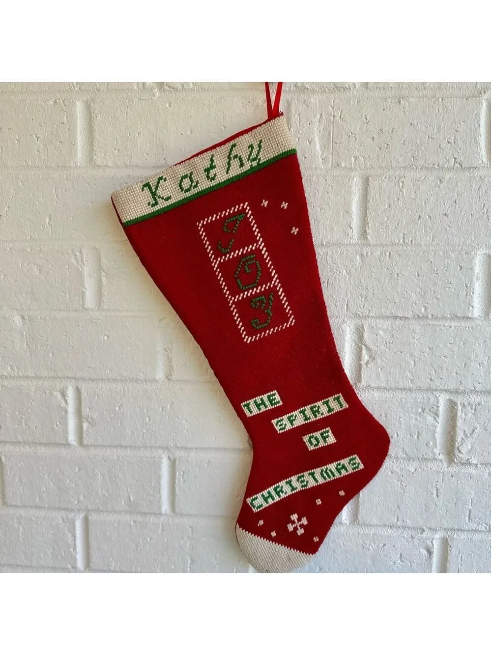 The Spirit of Christmas Red Joy Stocking for Kathy.  Cross Stitched Design Vtg